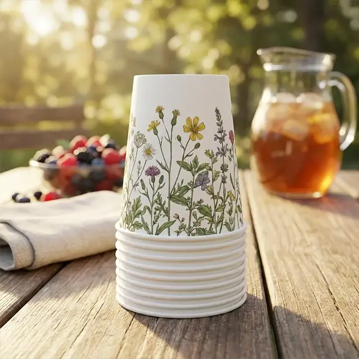 A stack of personalized 6 oz disposable paper cups showing high-resolution matte print finish and rolled rim detail