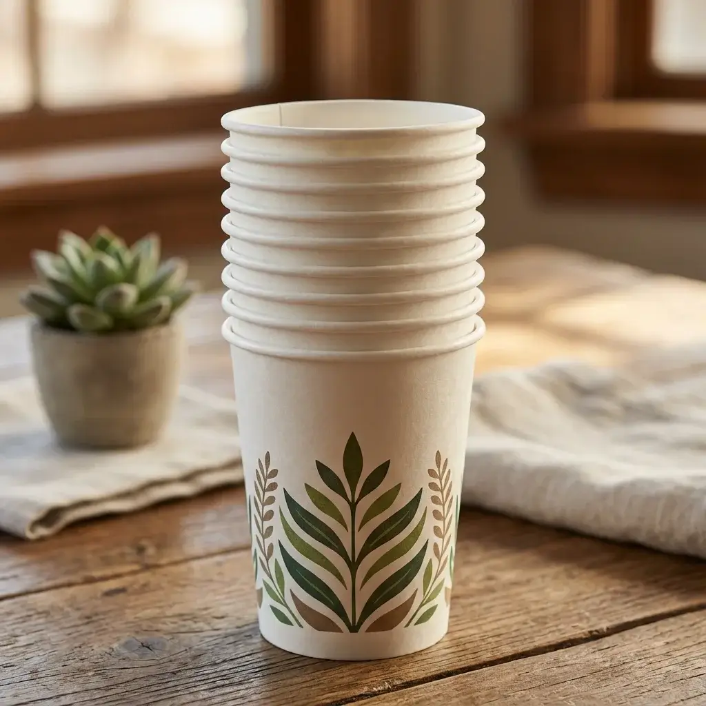 Close-up view of a stack of custom 7 oz paper cups showing high-quality matte finish and crisp eco-friendly ink printing