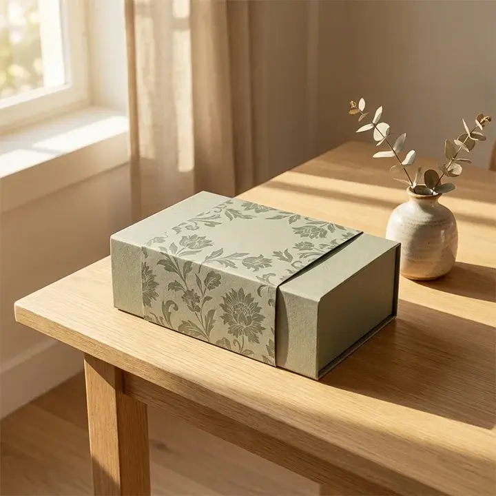 A high-quality cardboard box with a sage green floral sleeve rests on a wooden table