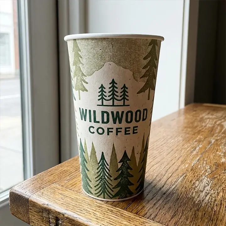Close-up of a branded 18 oz disposable paper cup showing high-quality logo print detail on a wooden surface