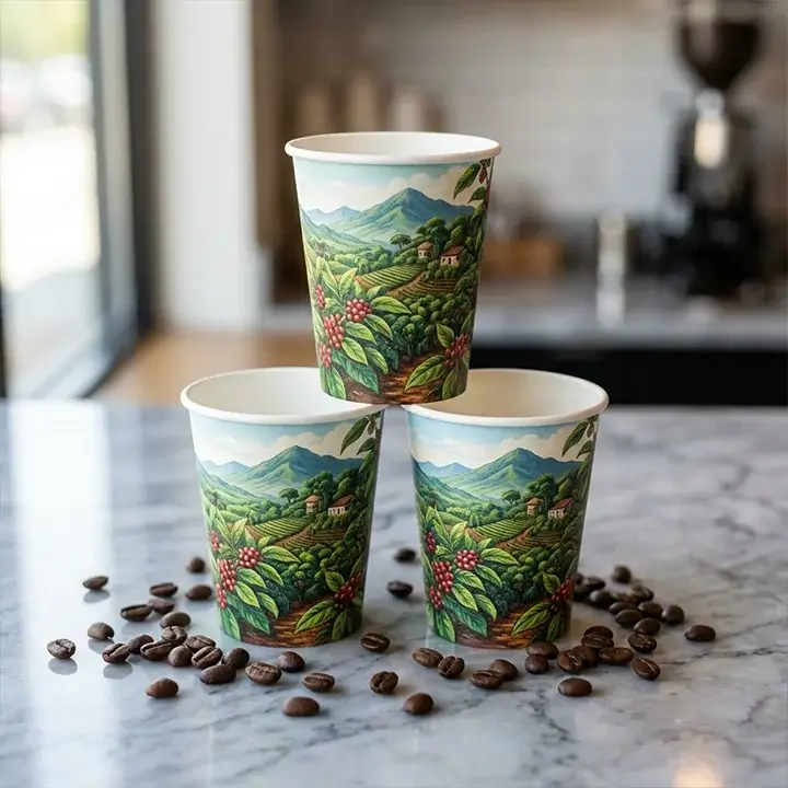 Three 8 oz custom paper cups stacked on a grey marble counter with scattered coffee beans, highlighting wrap-around print quality
