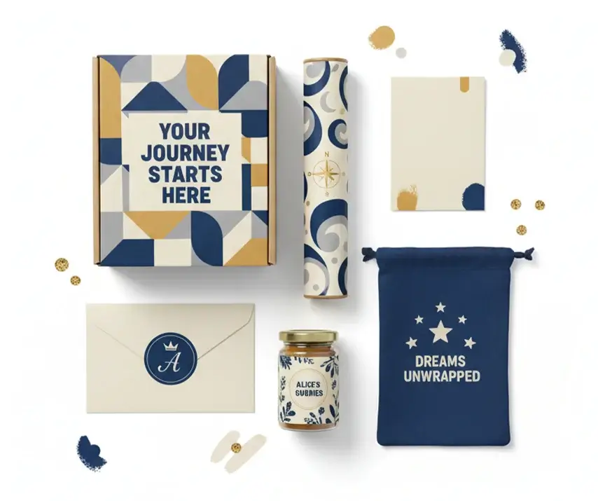 Branded custom packaging kit with a mailer box, envelope, jar label, and drawstring pouch.