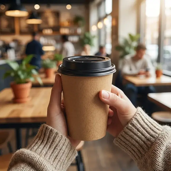 Hand holding a branded single-wall coffee cup with a secure lid in a busy café