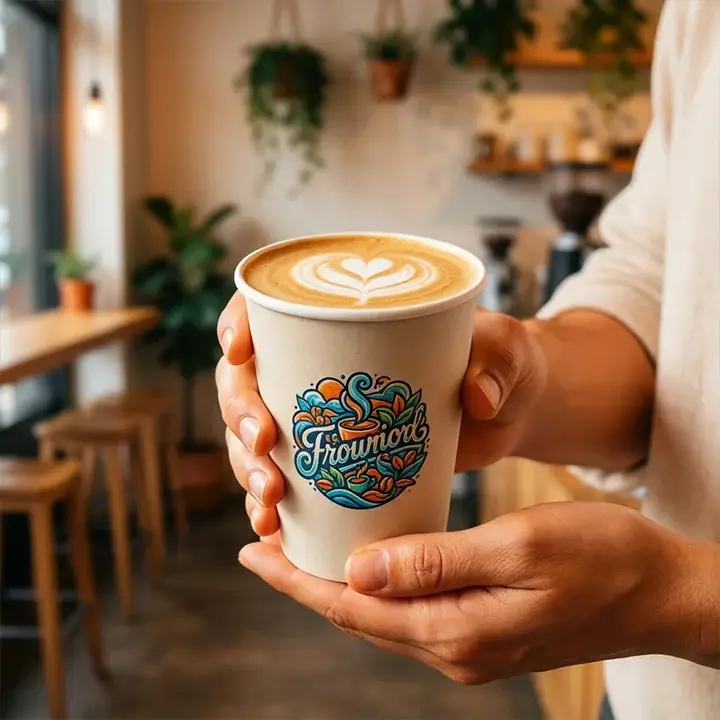 Person holding a custom 10 oz paper cup with logo in a cafe