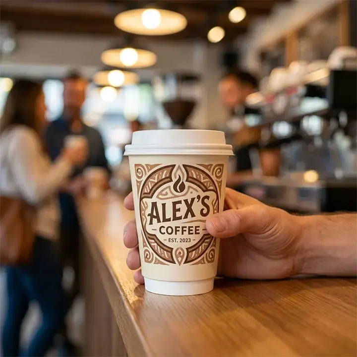 Custom 12 oz paper cups with a personalized logo being held at a coffee shop counter with a blurred cafe background