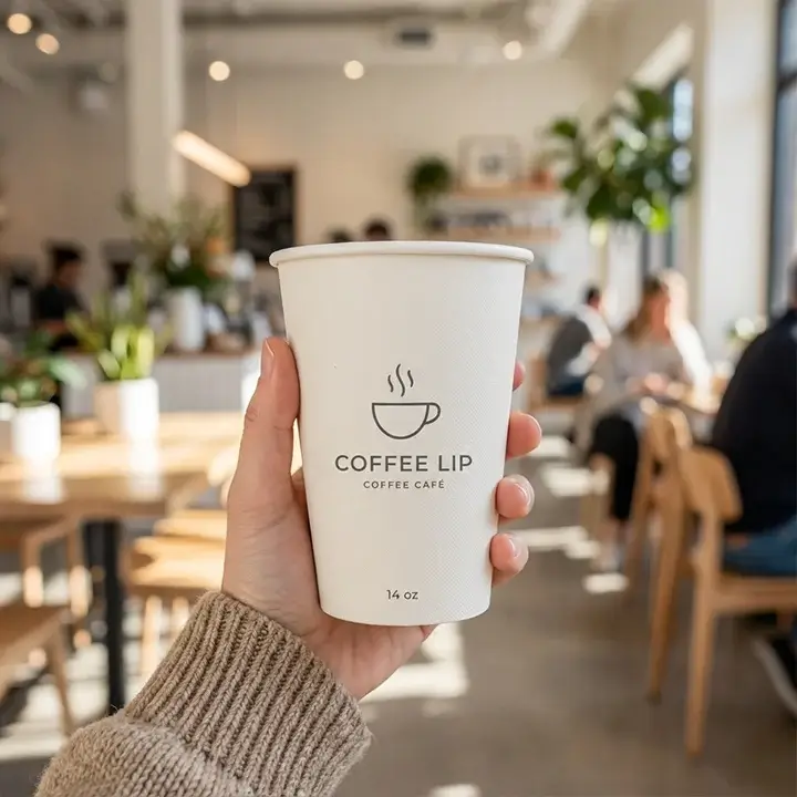 A hand holding a custom 14 oz paper coffee cup with a minimalist logo, shown against a blurred modern café background