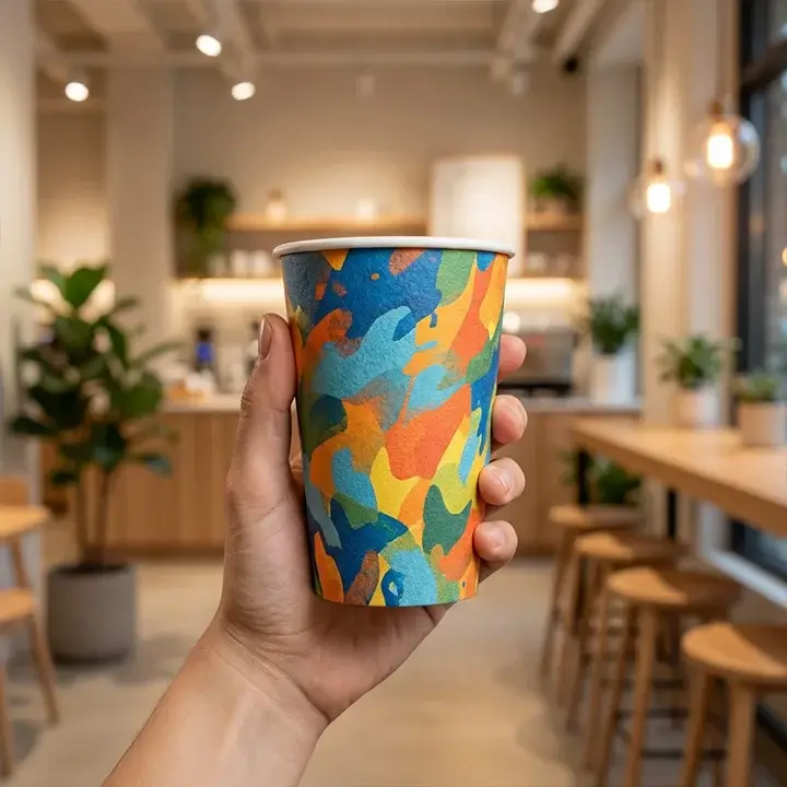Hand holding a custom-branded 16 oz paper coffee cup with a matte finish and colorful logo, positioned against a blurred background of a modern coffee shop