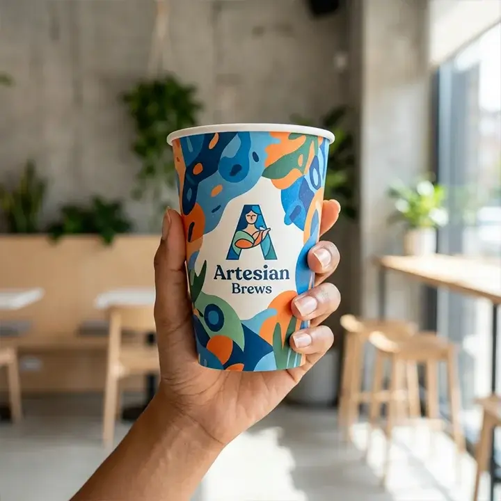 Hand holding a custom printed 18 oz paper coffee cup with a vibrant brand logo in a modern cafe setting
