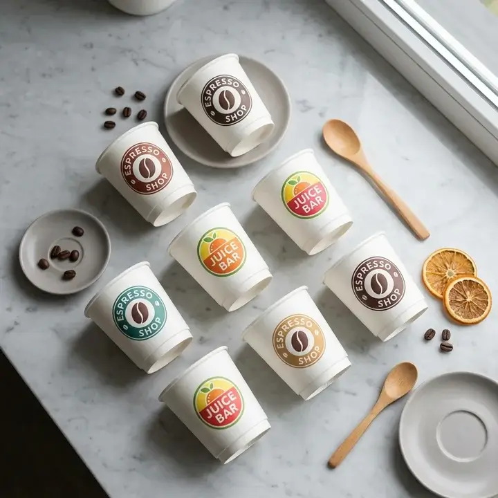 Custom 4 oz paper cups with high-definition logo printing for espresso and beverage sampling