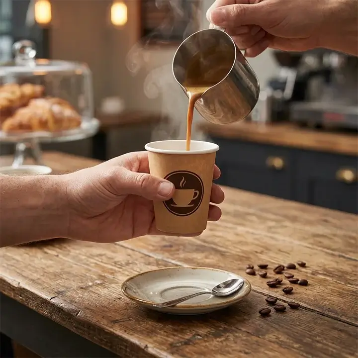 Small custom 6 oz paper cups with a brand logo being held over a wooden cafe table with a fresh espresso pour