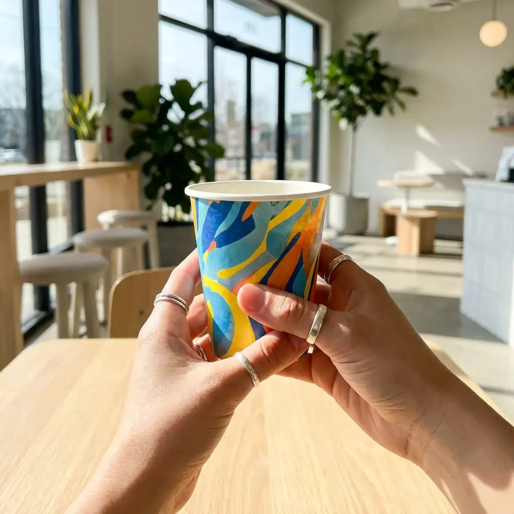 Hand holding a custom branded 7 oz paper cup with a colorful logo design in a brightly lit modern café setting