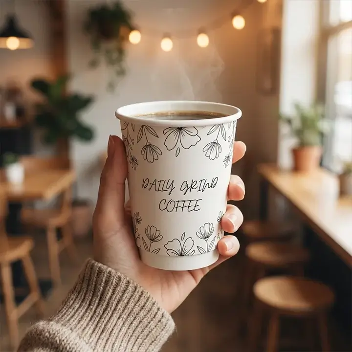 Person holding a custom printed 8 oz paper cup with a brand logo in a cozy cafe setting, showing scale and matte finish