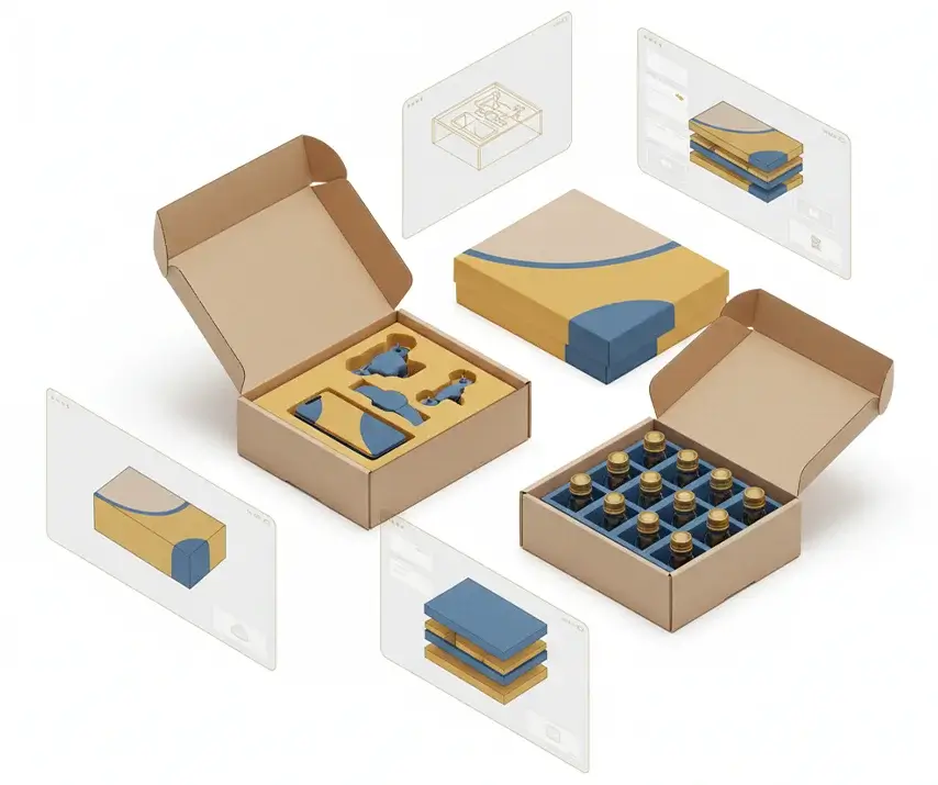 Custom packaging solutions showing different box styles, foam inserts, and product kits.