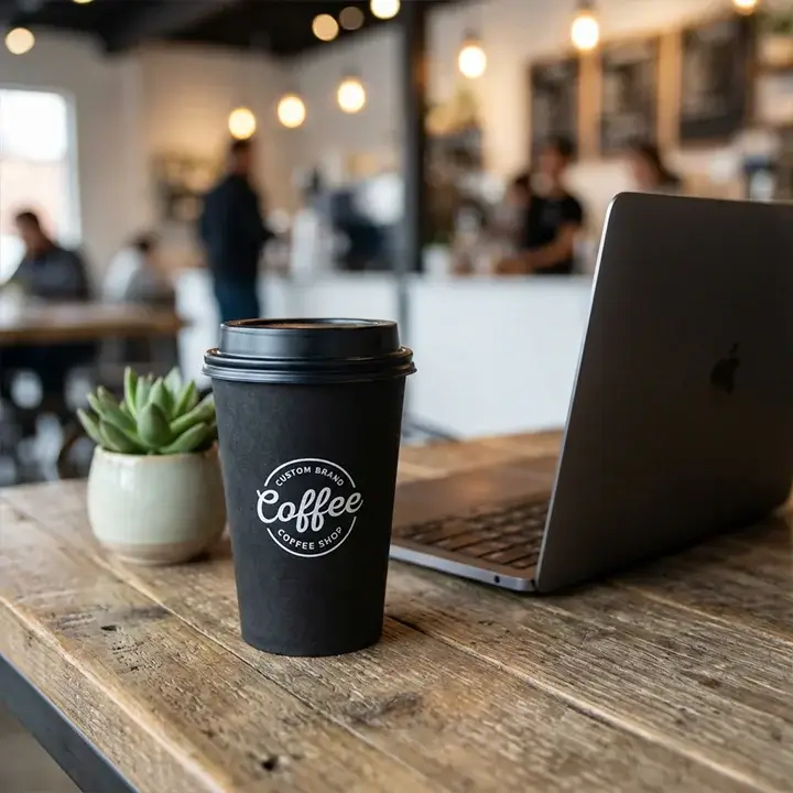 Custom-branded matte black coffee cup with a spill-proof lid sitting on a wooden table in a modern cafe setting