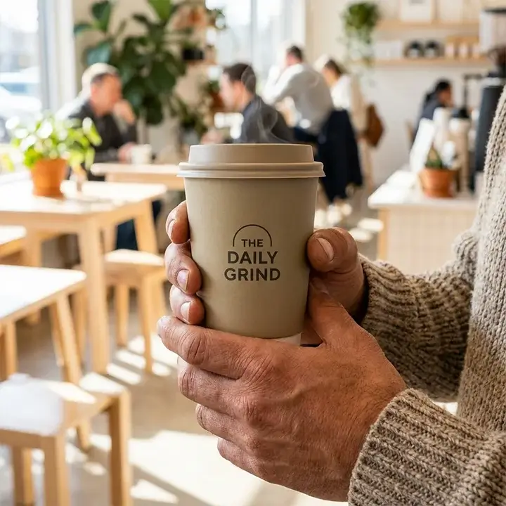 A person holds a custom-branded double wall paper cup filled with a steaming latte in a modern cafe