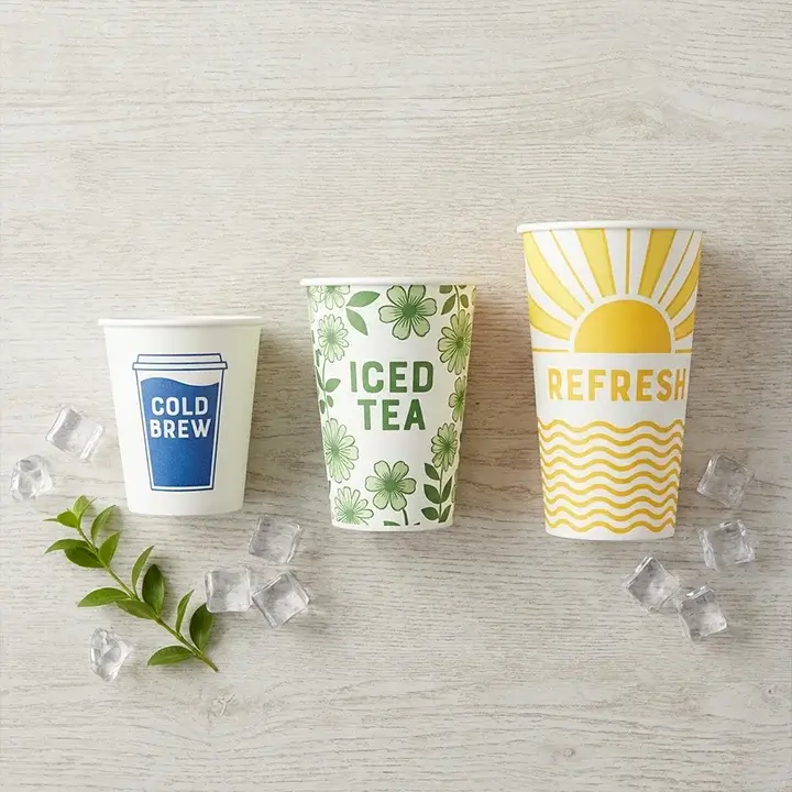 A set of custom paper cups for cold drinks is available in small, medium, and large sizes, each with high-quality logo printing