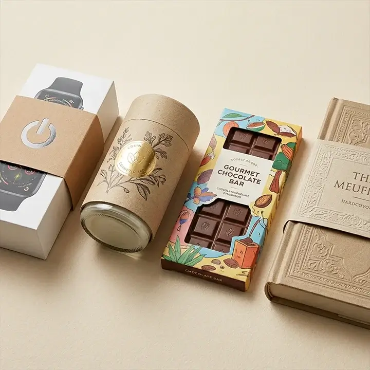 Custom packaging sleeves (belly bands) used on boxes, jars, chocolate bars, and books for branding and product presentation