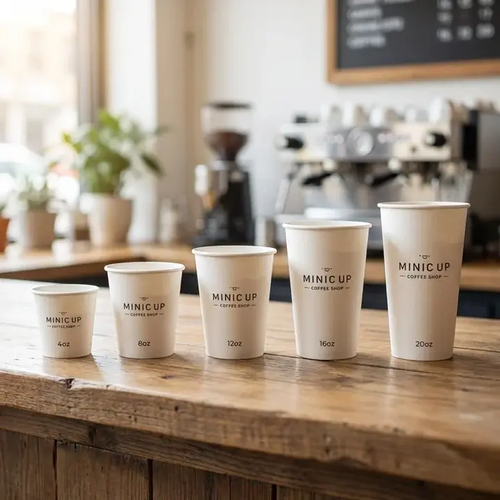 Row of custom paper cups ranging from 4oz espresso to 20oz iced drink sizes