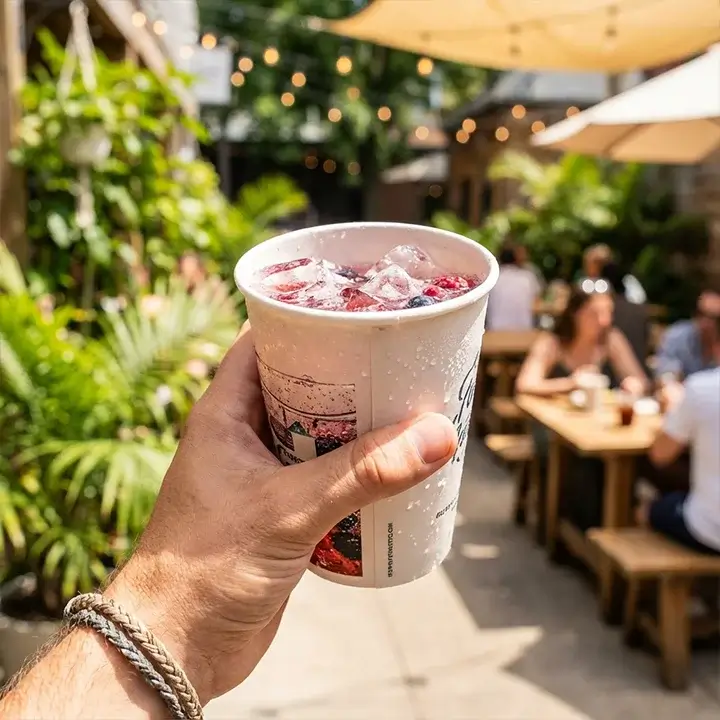 A person holds a custom-branded 16oz paper cup filled with an iced drink in a bright cafe