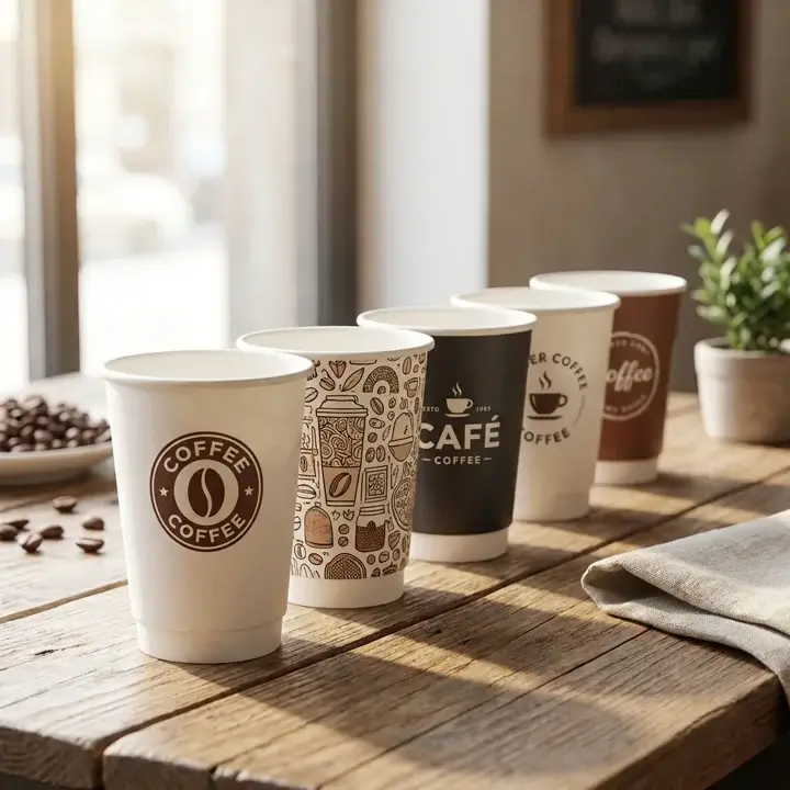 Collection of custom single-wall paper cups with colorful brand logos and matte finishes