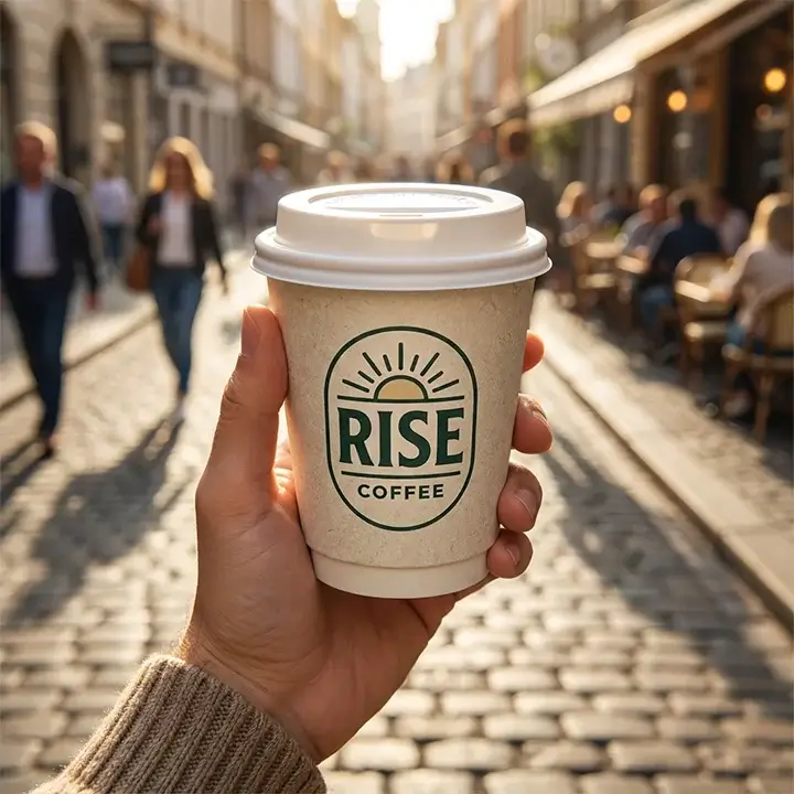 Close-up of a hand holding a personalized insulated coffee cup showing the secure snap-on lid and high-quality logo print