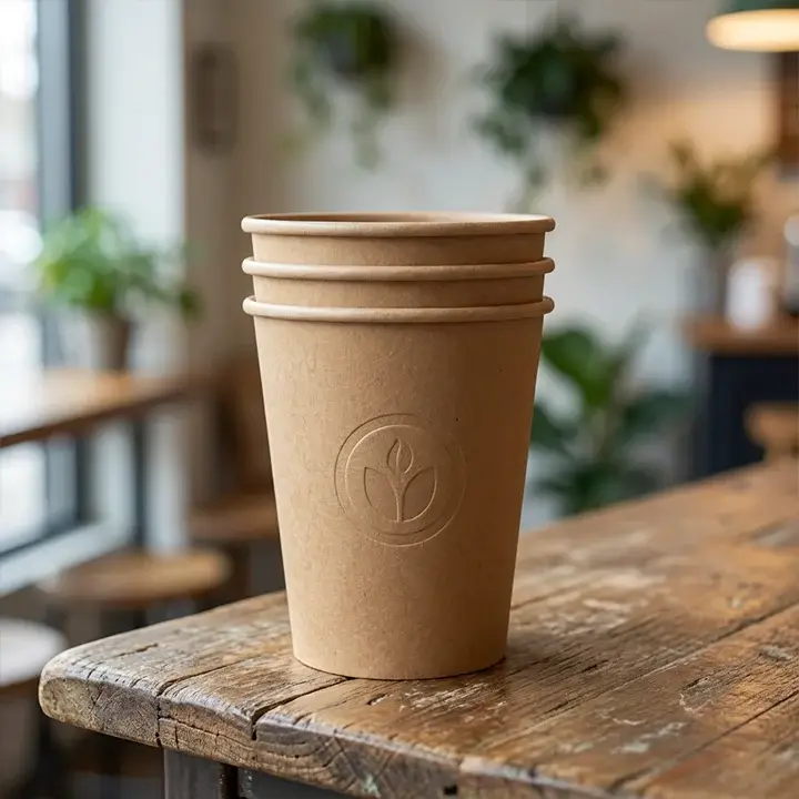 Stack of custom-printed 10 oz paper cups on a wooden table