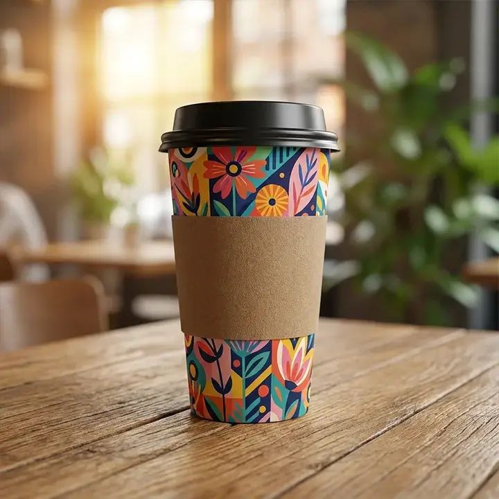 Close-up of a 20 oz insulated paper cup featuring a custom colorful wrap design on a natural oak wood surface