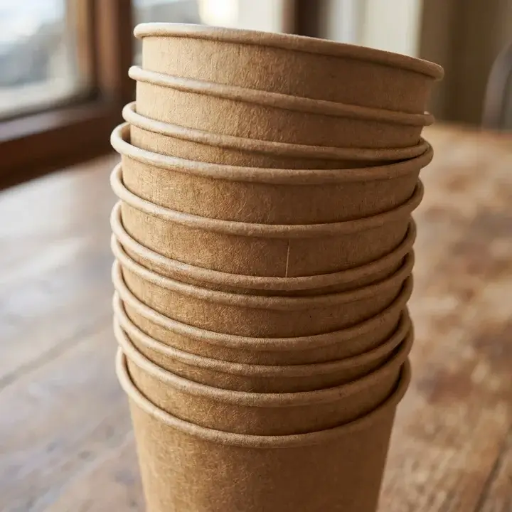 Stack of eco-friendly kraft paper cups featuring sustainable PLA lining and natural textures