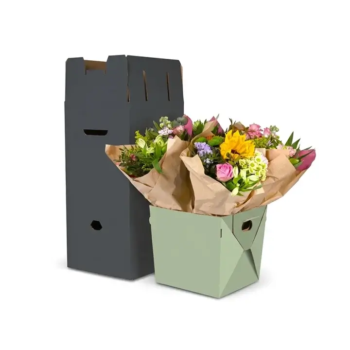 Elegant custom flower bouquet carrier with sturdy handle and floral branding