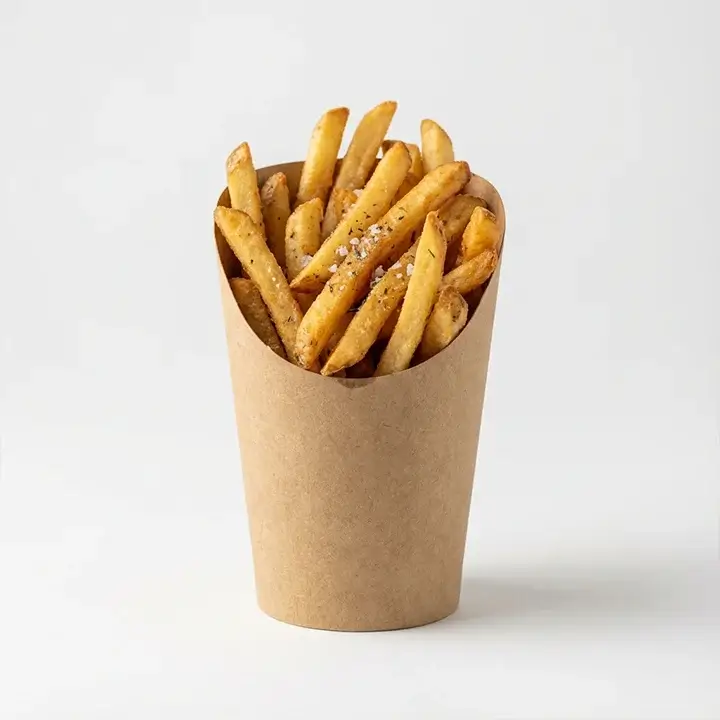 Paper fries holder filled with golden fries