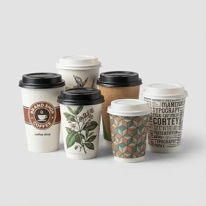 Hot drink paper cups in multiple sizes
