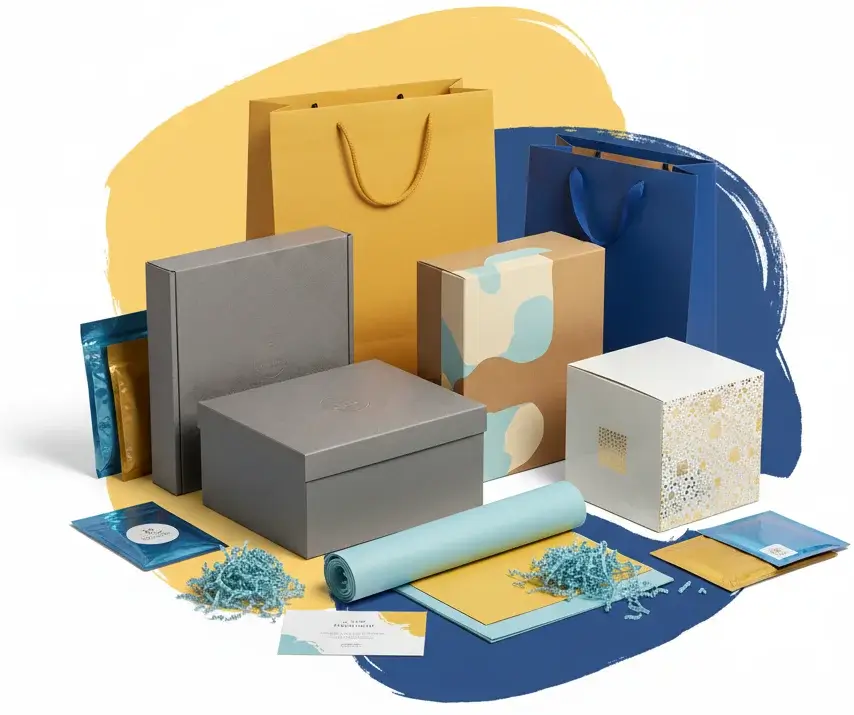 Variety of custom luxury packaging: retail bags, gift boxes, and shipping mailers.