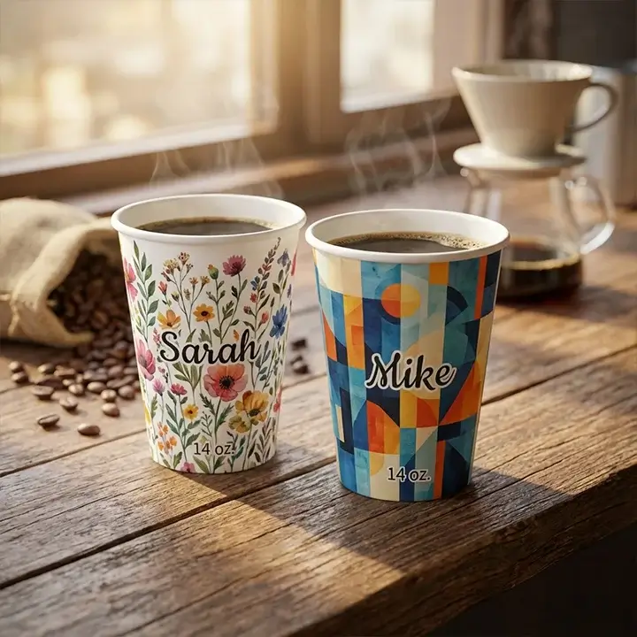 Close-up of two personalized 14 oz paper cups featuring vibrant full-wrap graphic designs on a rustic wooden countertop