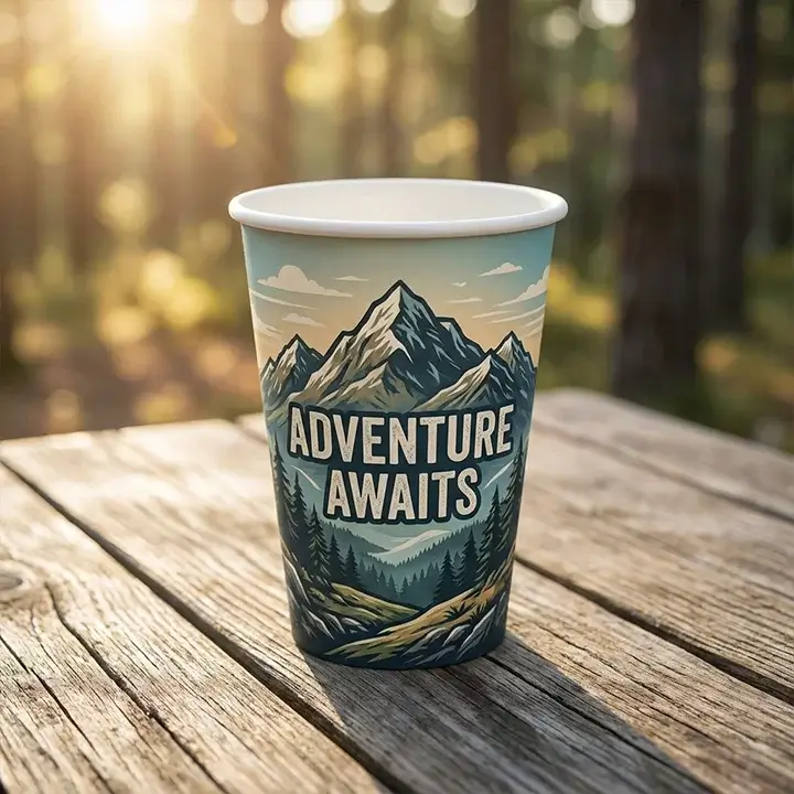 Close-up view of a personalized 16 oz insulated paper cup showing high-definition logo printing and sturdy rolled rim on a natural oak surface