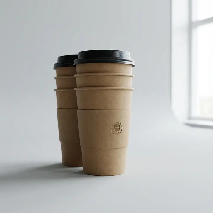 Brown kraft paper cups with sleeves and lids