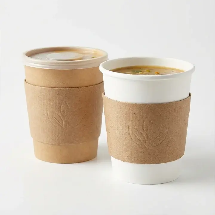 Paper soup cup sleeves around takeaway soup cups