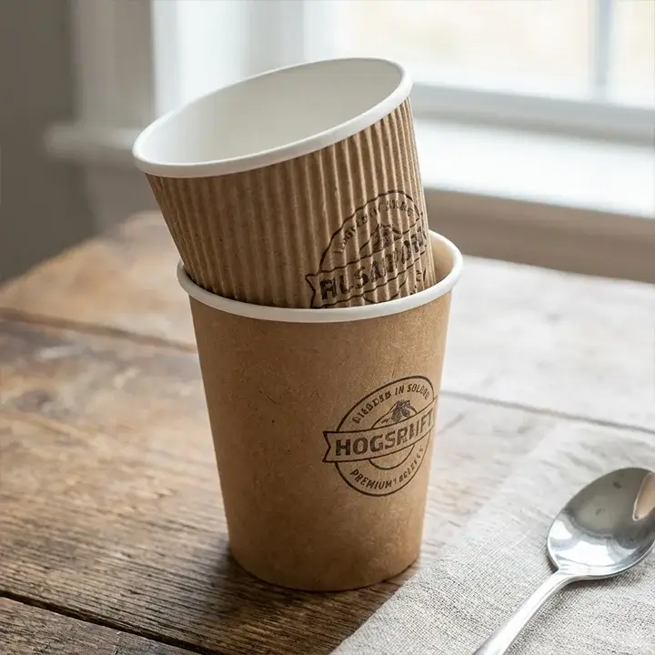 Close up of two stacked 12 oz custom paper cups showing the thick insulated wall texture and smooth rim on a wooden table