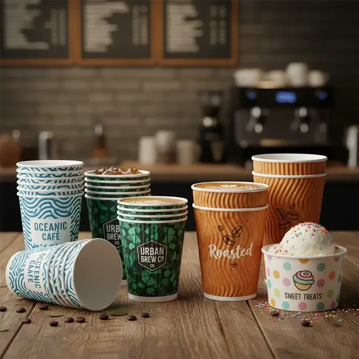 Beverage paper cups placed on the counter